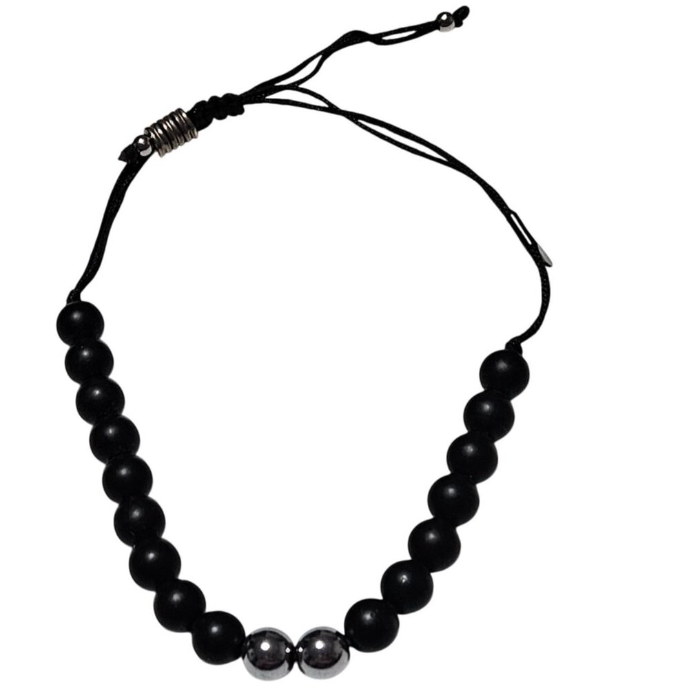 Handmade Black Matte Metallic Silver Beaded Bracelet Adjustable Drawstring